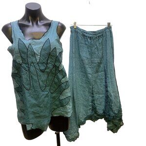 Cynthia Ashby Teal Linen-Cotton Tank & Skirt Set,  Size XS